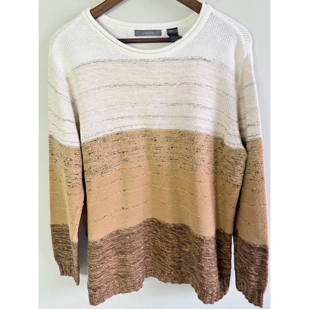 Nine West 1X Neutral Colorblock Striped Crew Neck Sweater